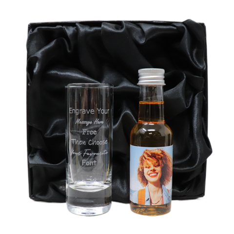 Personalised Tall Shot Glass & Photo Design Miniature Bottle of Amaretto