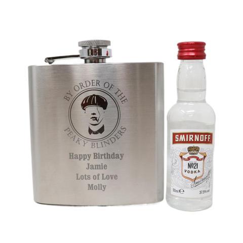 Personalised Silver Hip Flask & Miniature Alcohol - Peaky Blinders Design