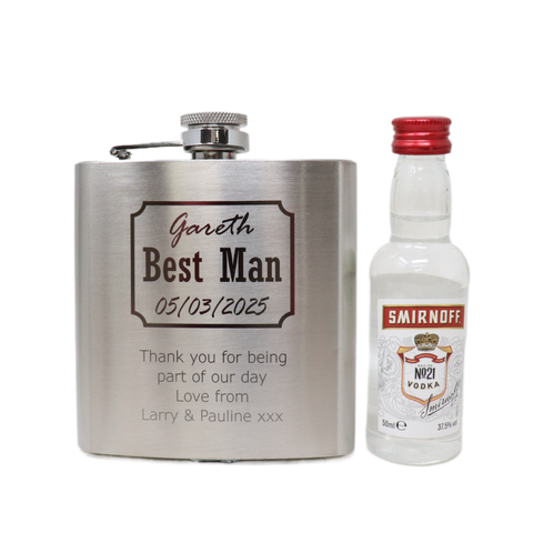 Personalised Silver Hip Flask & Miniature Alcohol - Best Man Wedding Design