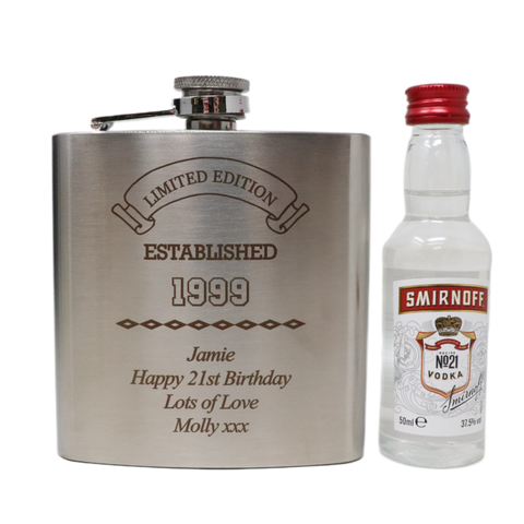 Personalised Silver Established Birthday Hip Flask & Miniature Alcohol Gift Set