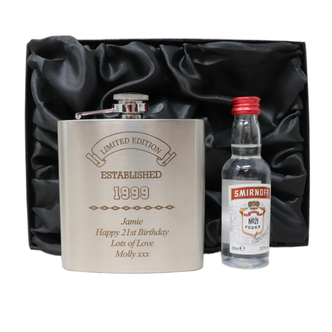 Personalised Silver Established Birthday Hip Flask & Miniature Alcohol Gift Set