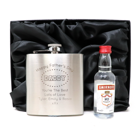 Personalised Silver Hip Flask & Miniature Alcohol - Father's Day Design