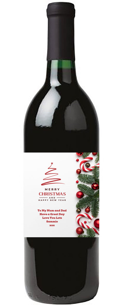 Personalised Wine Bottle Label - Christmas Tree Baubles Design