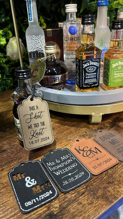Personalised Take A Shot We Tied The Knot Design Faux Leather Wedding Favour Gift Tags