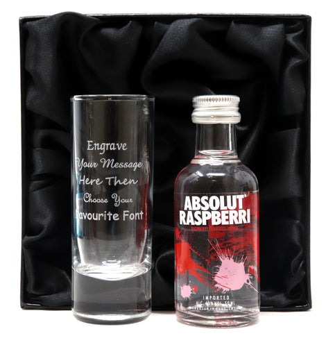 Personalised Tall Shot Glass & Vodka Miniature In Silk Gift Box