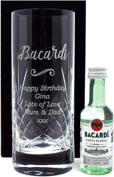 Personalised Crystal Highball Glass & Miniature - Bacardi Design