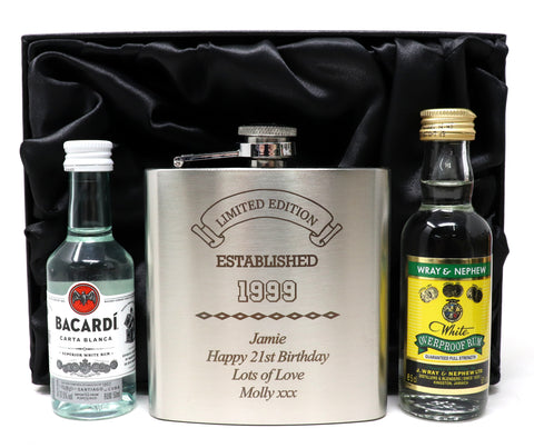 Personalised Silver Hip Flask & Miniature in Silk Gift Box - Established Birthday Design
