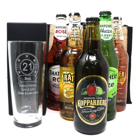 Personalised Pint Glass & 6 Bottles of Cider Gift Set - Birthday Design