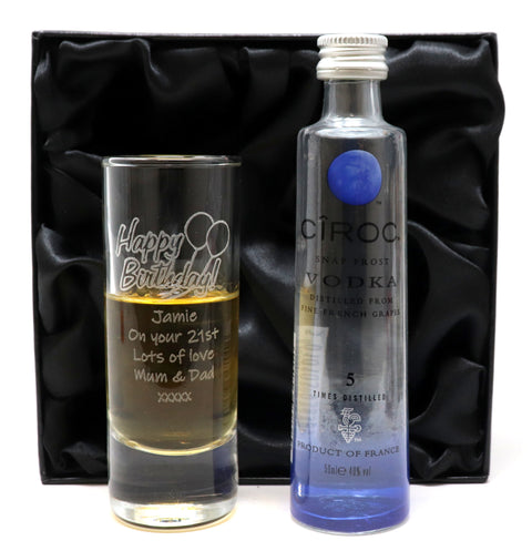 Personalised Tall Shot Glass & Miniature In Silk Gift Box - Birthday Design