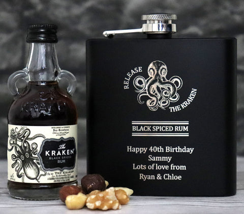 Personalised Black Hip Flask & Miniature Rum in Silk Gift Box - Kraken Rum Octopus Design