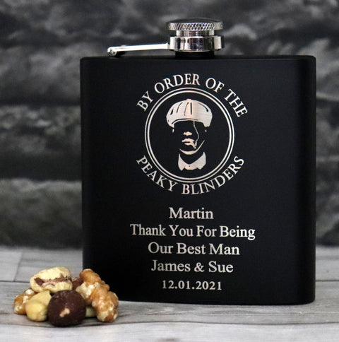 Personalised Black Hip Flask in Gift Box - Peaky Blinders Design