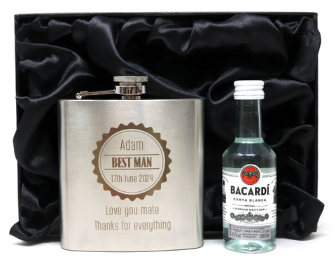 Personalised Silver Hip Flask & Miniature in Silk Gift Box - Best Man Badge Wedding Design