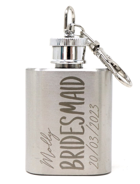 Personalised Silver 1oz Hip Flask Key Chain - Bridesmaid Design