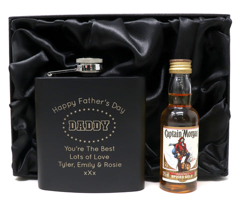 Personalised Black Hip Flask & Miniature - Father's Day Design