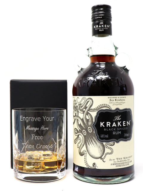 Personalised Crystal Rum Glass Tumbler & 70cl Kraken Black Spiced Rum