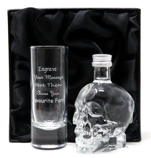 Personalised Tall Shot Glass & Vodka Miniature In Silk Gift Box