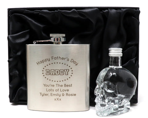 Personalised Silver Hip Flask & Miniature Alcohol - Father's Day Design