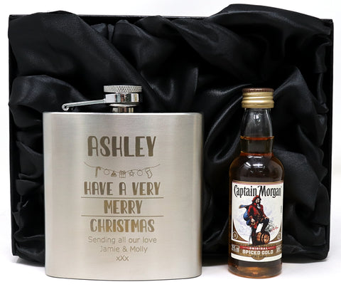 Personalised Silver Hip Flask & Miniature in Silk Gift Box - Christmas Design