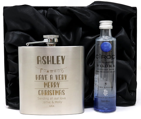 Personalised Silver Hip Flask & Miniature in Silk Gift Box - Christmas Design