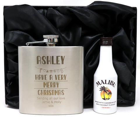 Personalised Silver Hip Flask & Miniature in Silk Gift Box - Christmas Design