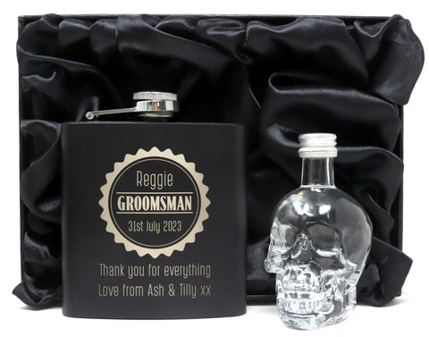 Personalised Black Hip Flask & Miniature in Silk Gift Box - Best Man Badge Wedding Design