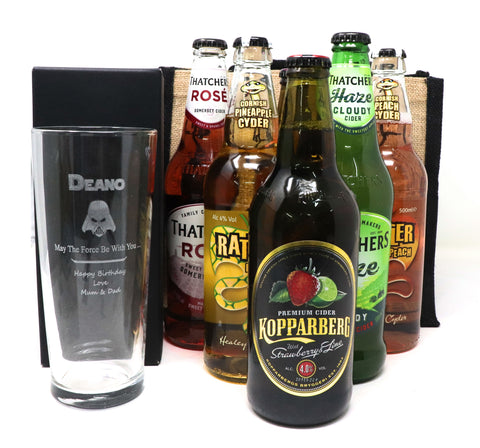 Personalised Pint Glass & 6 Bottles of Cider Gift Set - Star Wars Darth Vader Design