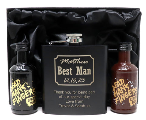 Personalised Black Hip Flask & Miniature in Gift Box - Best Man Wedding Design