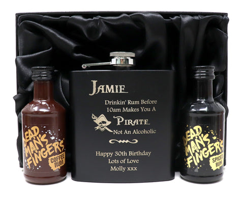 Personalised Black Hip Flask & Miniature in Silk Gift Box - Pirate Rum Design