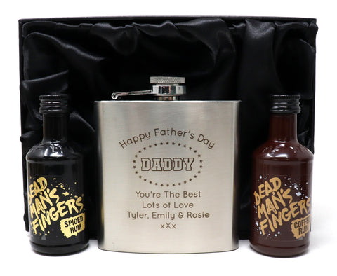 Personalised Silver Hip Flask & Miniature in Silk Gift Box - Father's Day Design