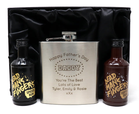 Personalised Silver Hip Flask & Miniature Alcohol - Father's Day Design