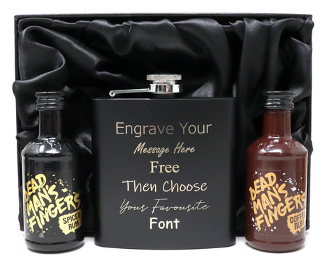 Personalised Black Hip Flask & Miniature in Silk Gift Box