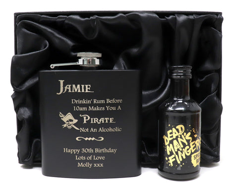 Personalised Black Hip Flask & Miniature in Silk Gift Box - Pirate Rum Design