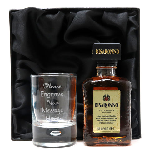Personalised Shot Glass & Disaronno Miniature In Silk Gift Box