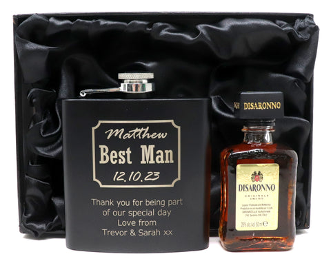 Personalised Best Man Wedding Black Hip Flask & Miniature Alcohol in Gift Box