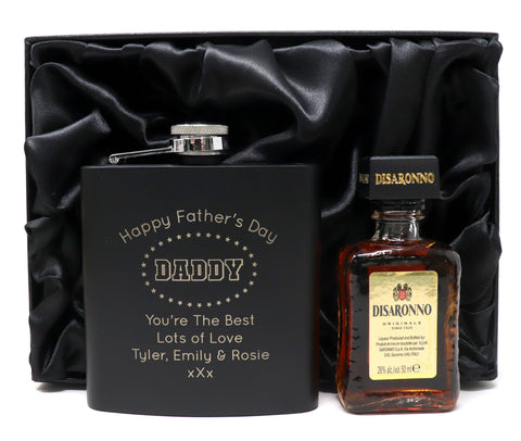 Personalised Black Hip Flask & Miniature - Father's Day Design