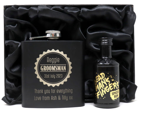 Personalised Black Hip Flask & Miniature in Silk Gift Box - Best Man Badge Wedding Design