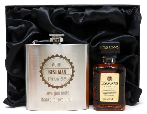Personalised Silver Hip Flask & Miniature in Silk Gift Box - Best Man Badge Wedding Design
