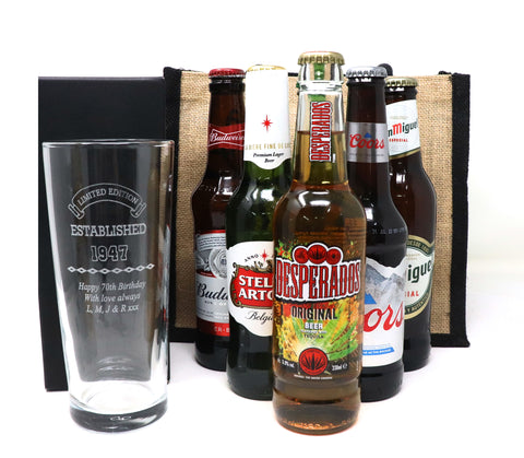 Personalised Pint Glass & 6 Bottles of Beer Git Set - Established Birthday Design