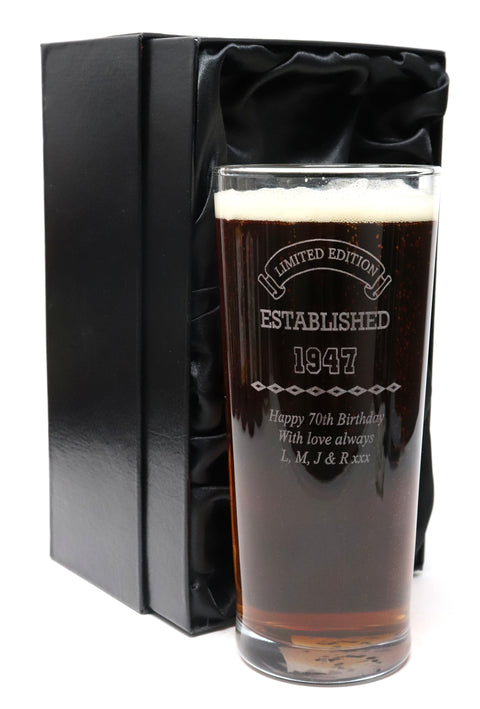 Personalised Engraved Pint Glass - Birthday Established Design