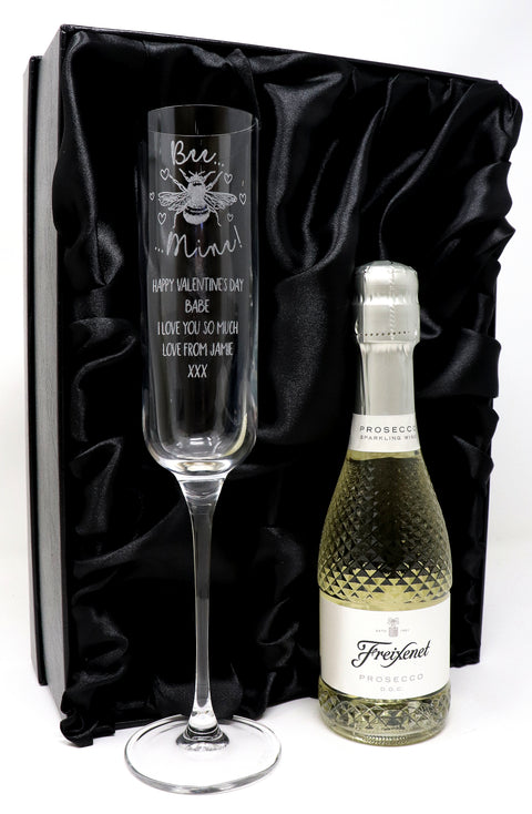Personalised Fusion Flute & 20cl Freixenet Prosecco in Silk Gift Box - Bee Mine Design
