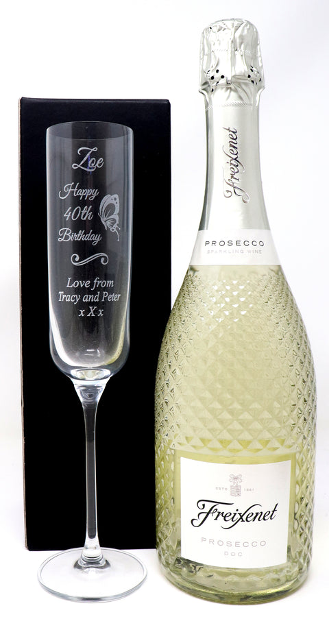 Personalised Fusion Flute & 75cl Freixenet Prosecco - Birthday Butterfly Design