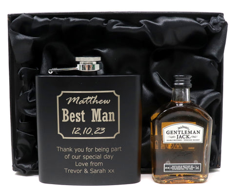 Personalised Best Man Wedding Black Hip Flask & Miniature Alcohol in Gift Box