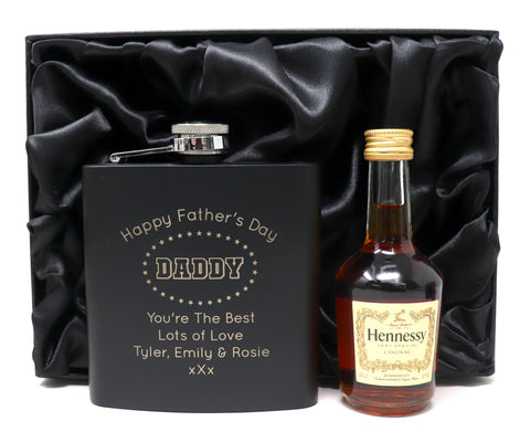 Personalised Black Hip Flask & Miniature - Father's Day Design