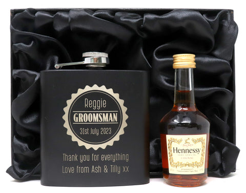 Personalised Black Hip Flask & Miniature in Silk Gift Box - Best Man Badge Wedding Design