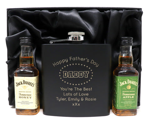 Personalised Black Hip Flask & Miniature in Silk Gift Box - Father's Day Design