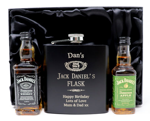 Personalised Black Hip Flask & Miniature in Silk Gift Box - Jack Daniels Design