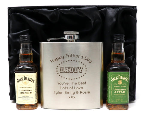 Personalised Silver Hip Flask & Miniature Alcohol - Father's Day Design