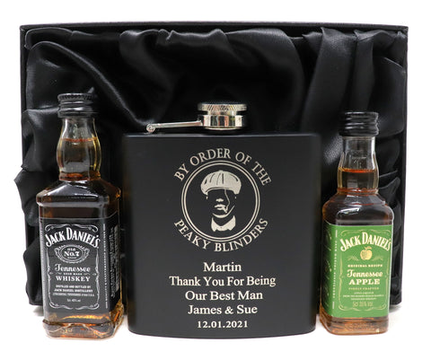 Personalised Black Hip Flask & Miniature in Gift Box - Peaky Blinders Design