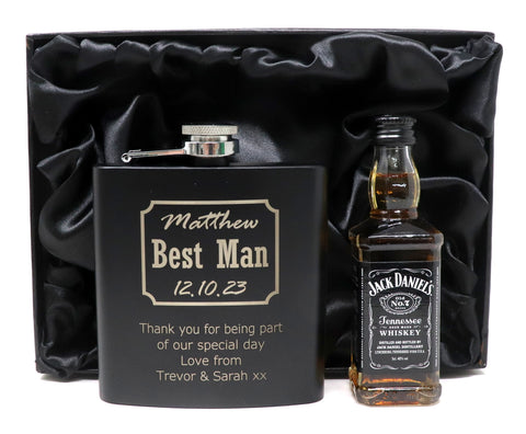 Personalised Best Man Wedding Black Hip Flask & Miniature Alcohol in Gift Box