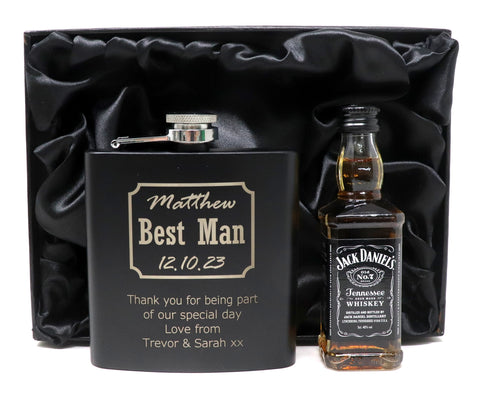 Personalised Black Hip Flask & Miniature in Gift Box - Best Man Wedding Design